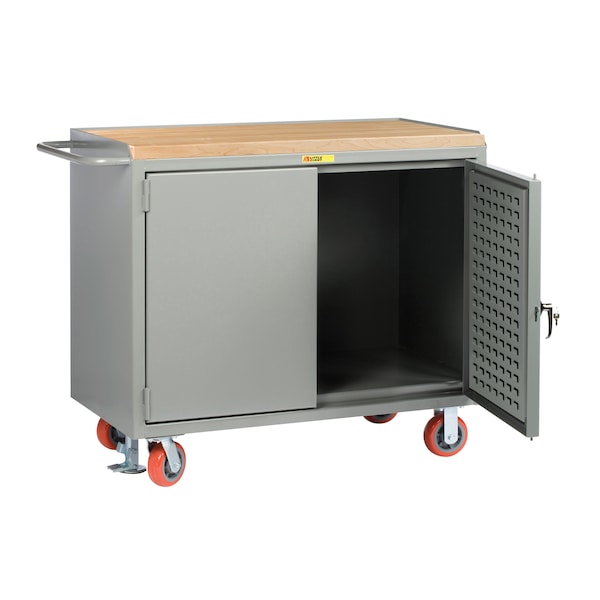 Mobile Bench Cabinets, 36"W, Louvered Panel Doors, Butcher Block